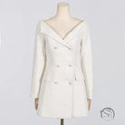 White tweed off-shoulder langry fashion dress with waist pockets