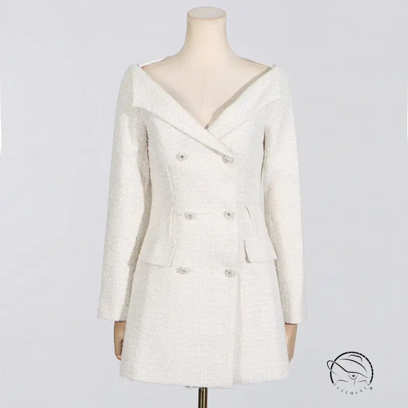 White tweed off-shoulder langry fashion dress with waist pockets