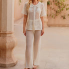 White crochet Beach Loose Shirt & Casual Trousers with short sleeve length in fashion