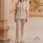 White crochet beach loose shirt and casual trousers set