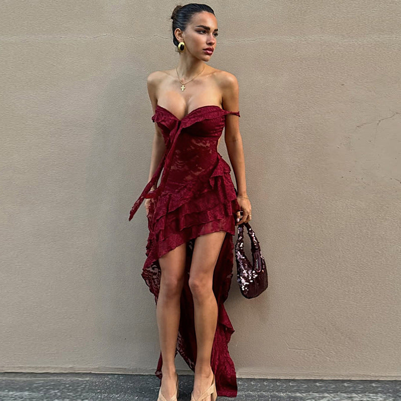 Langry elegant slim fit tube top dress in burgundy lace with gold heels