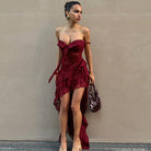 Langry elegant slim fit tube top dress in burgundy lace with gold heels