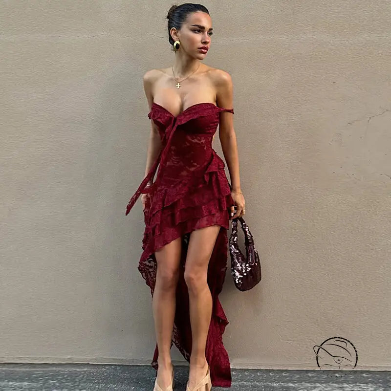 Elegant langry fashion slim fit tube top dress in burgundy lace with gold heels