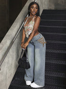 Mid Waist Lace Up Design Jeans