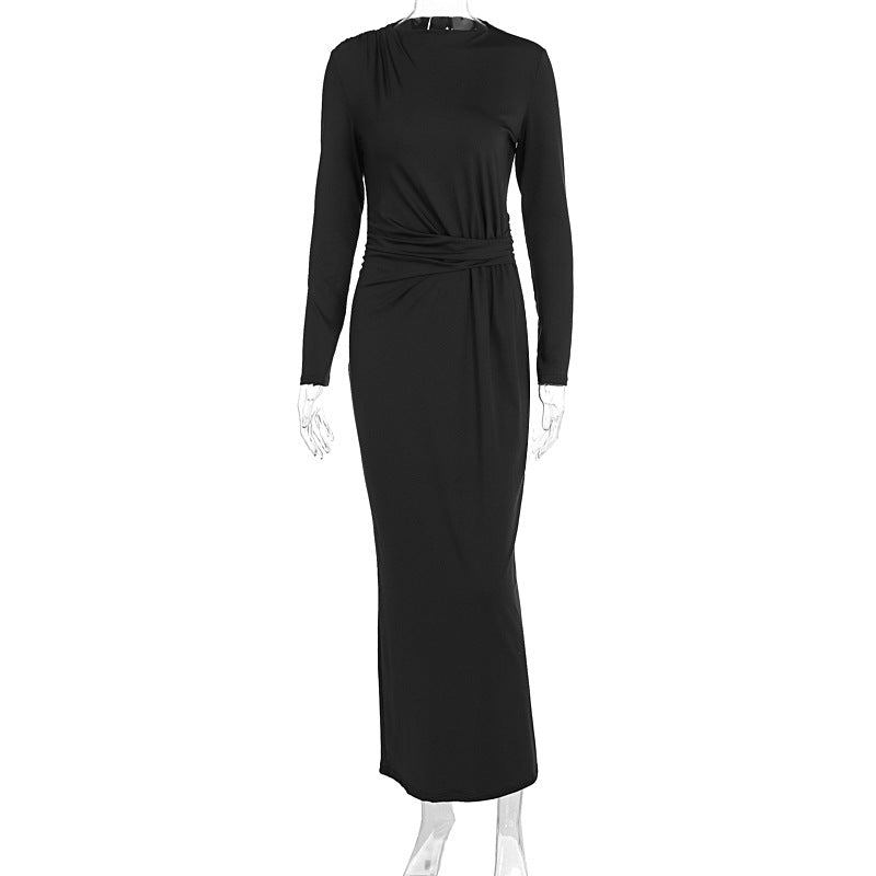 Black long-sleeved maxi dress with draped waistband in enchanting fashion