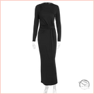 Black long-sleeved maxi dress with draped waistband in enchanting fashion