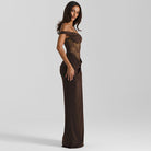 Enchanting strap lace dress in brown satin with off-shoulder neckline