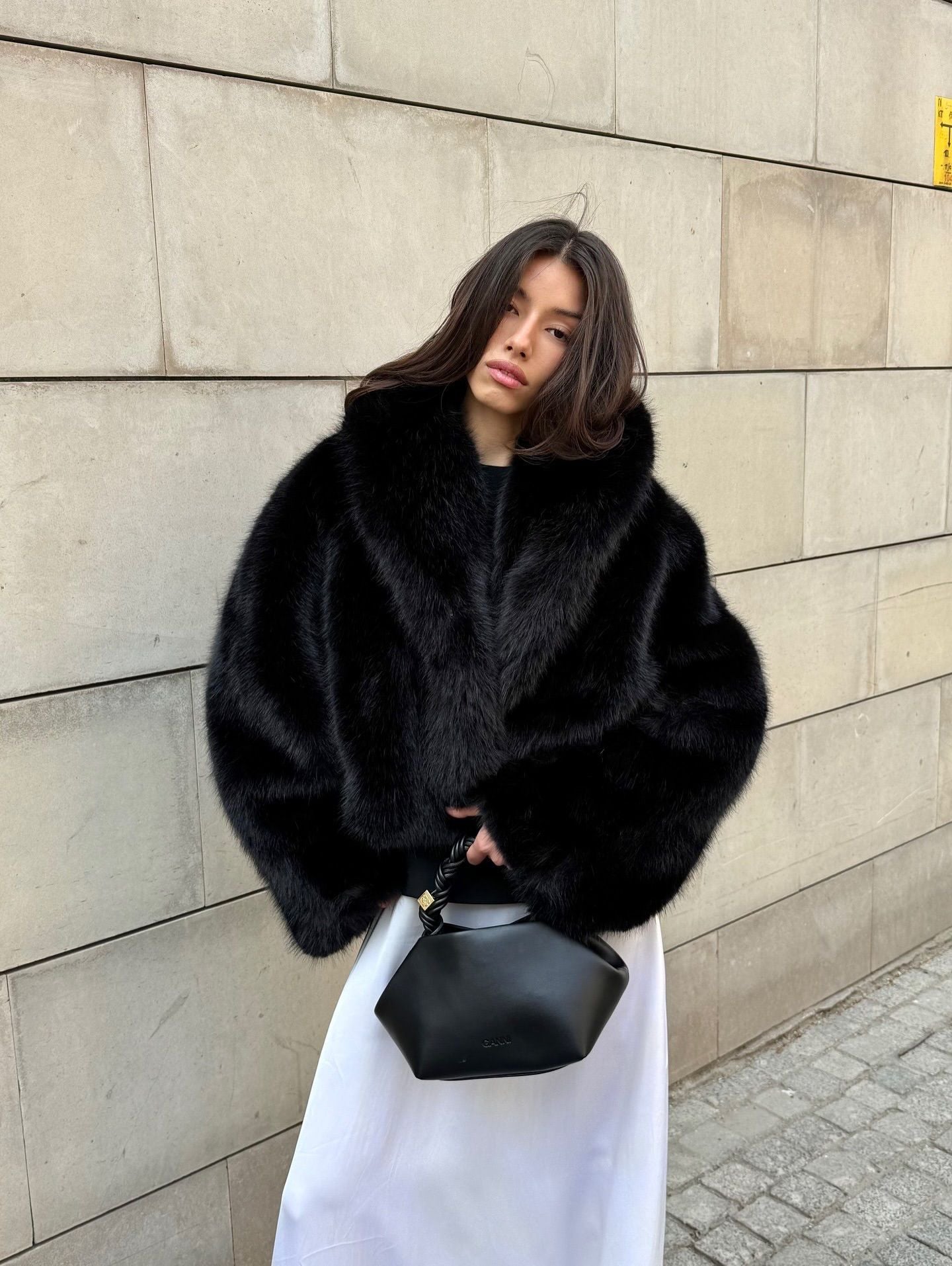 Cozy Short Faux Fur Coat with Black Fur, Wide Sleeves, High Collar