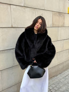 Cozy Short Faux Fur Coat with Black Fur, Wide Sleeves, High Collar