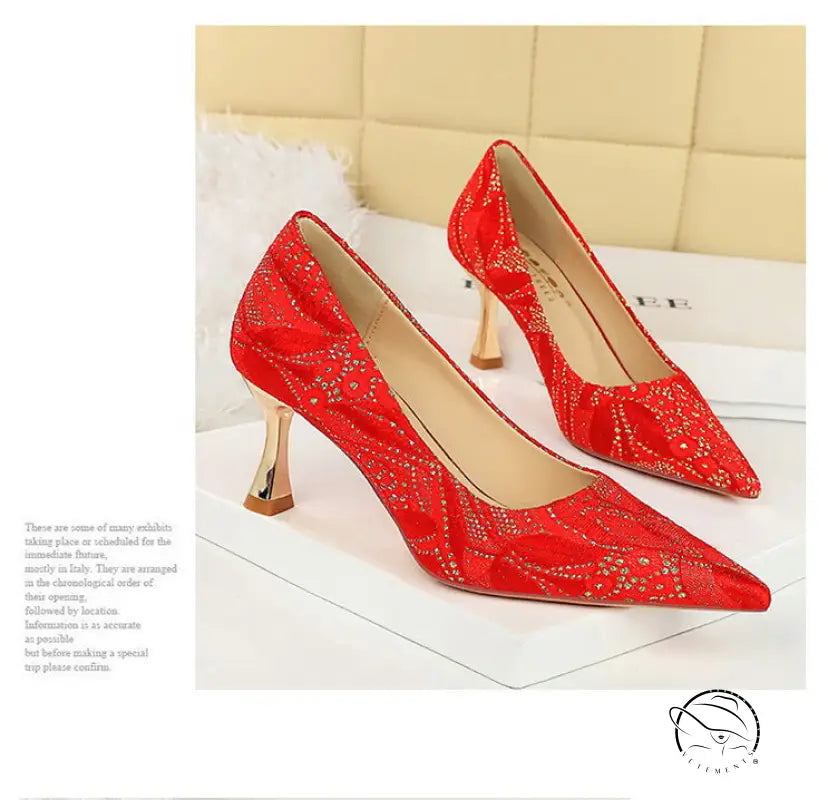 Red Langry fashion high-heeled shoe with glittering pointed toe