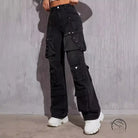 Black denim high elastic cargo pants with hip hop strap details