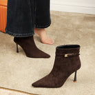 Langry fashion brown suede ankle boots with belt buckle, zipper, metallic accents, pointed toes