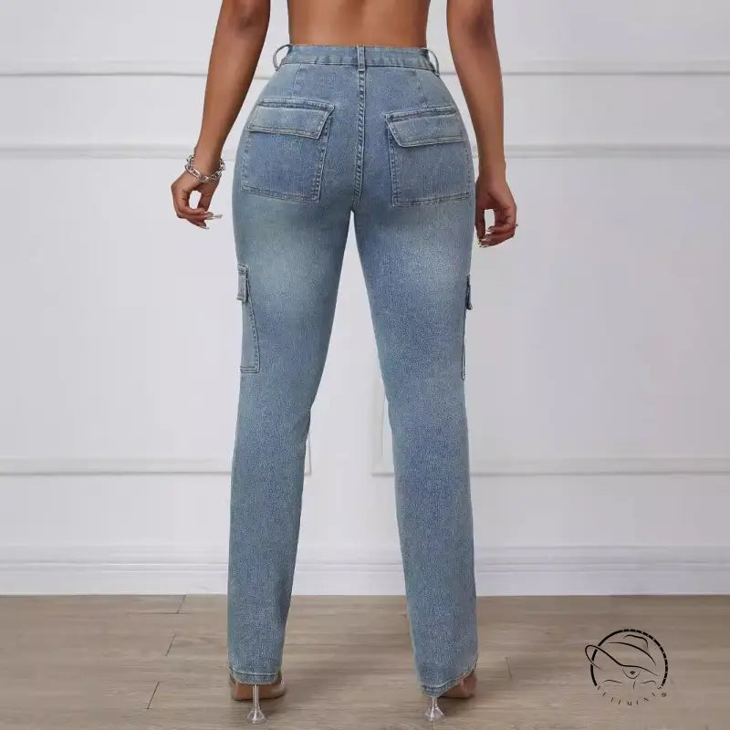 Light blue wash straight skinny jeans with cargo pockets