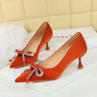 Langry fashion orange satin pointed stiletto heels with rhinestone bows