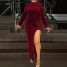 Burgundy velvet long-sleeve Winter Evening Midi Dress with thigh-high slit, stylish fashion ملابس