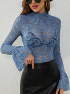 Slim fit Langry blue lace bell sleeve top with floral high neckline