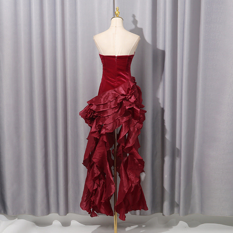 Enchanting burgundy velvet ruffled evening dress in Langry fashion