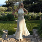 Polka dot satin halter neck maxi dress with ruffled hem in Langry fashion