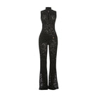 Langry black lace jumpsuit with high neckline and flared legs, slim fit fashion