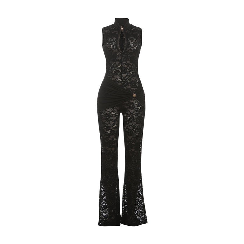 Langry black lace jumpsuit with high neckline and flared legs, slim fit fashion