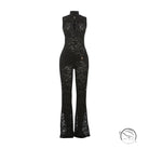 Black lace langry fashion jumpsuit with high neckline and flared legs