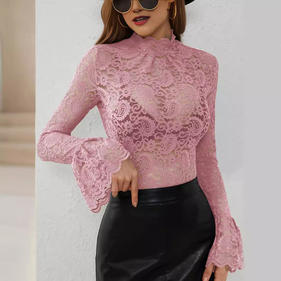 Slim fit Langry pink lace bell sleeve top with floral pattern