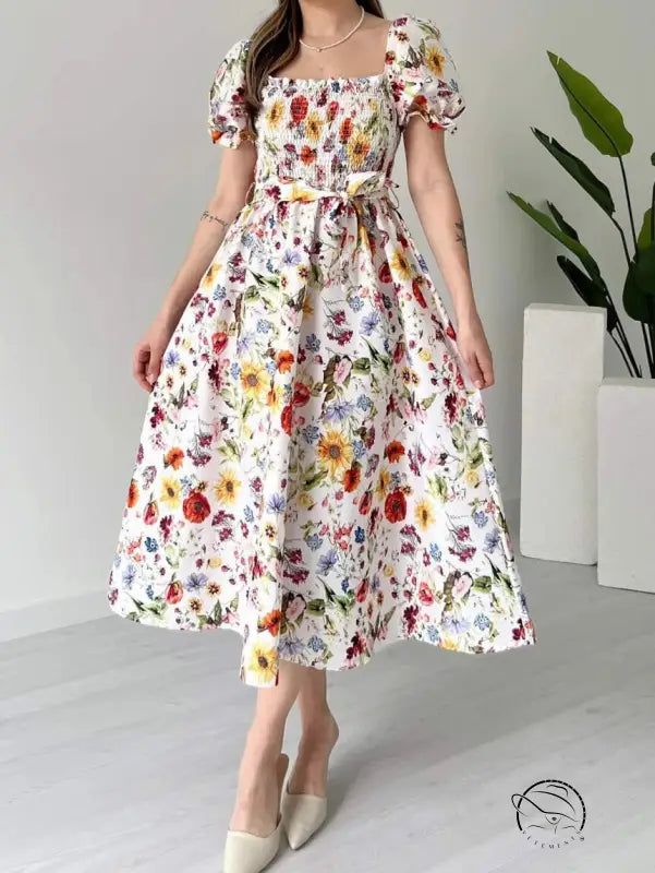 Casual puff sleeve floral A-line dress with square neckline