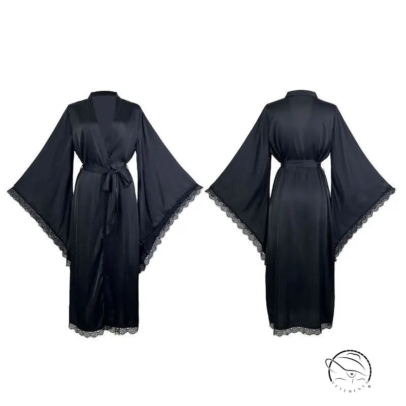 Black satin long sleeve nightgown with lace trim, comfy luxury fashion