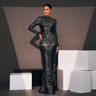 Elegant long sleeve gown from Langry fashion line, ideal for evening and cocktail events