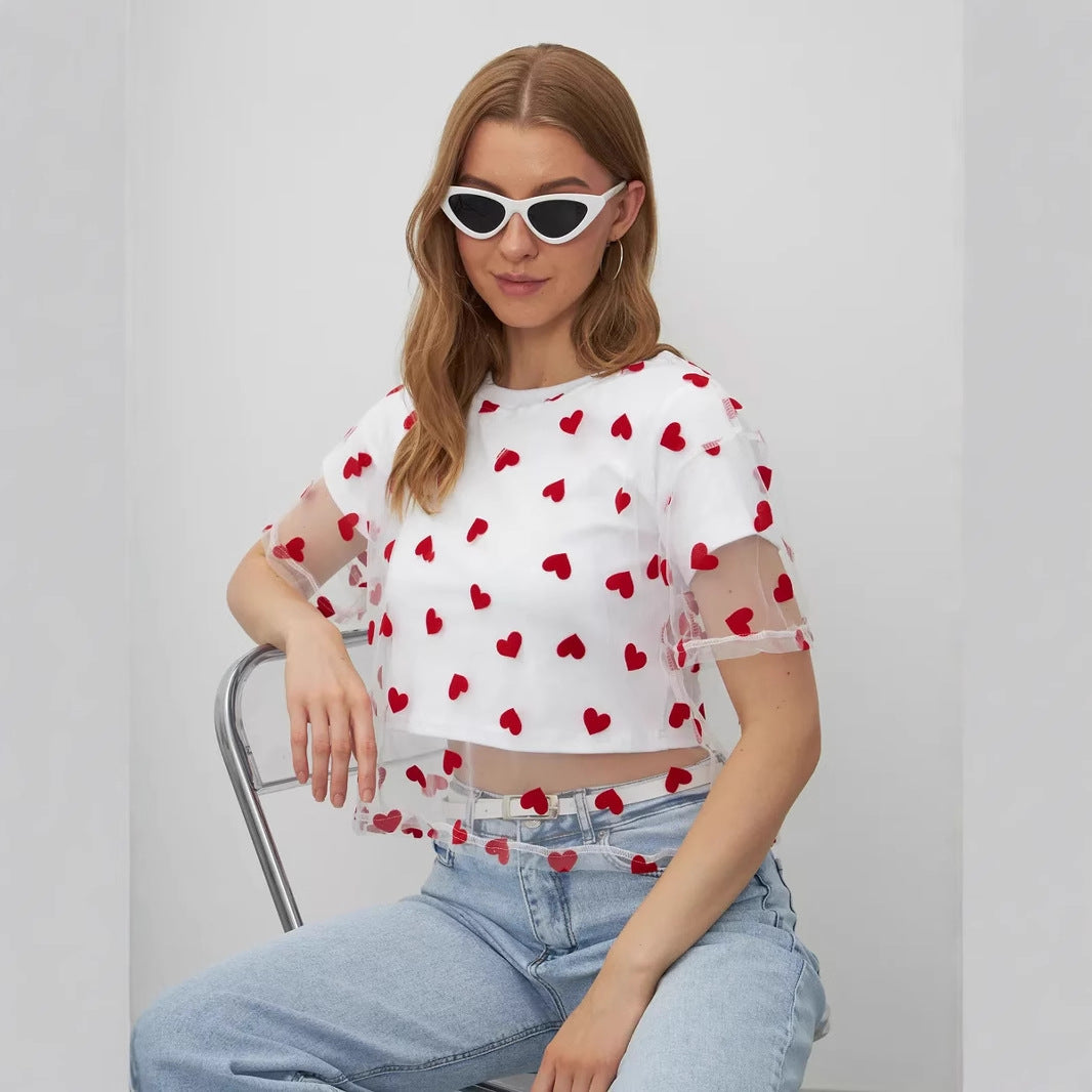 Elegant Faux Two Piece Cotton Short Top featuring a white mesh t-shirt with red heart pattern