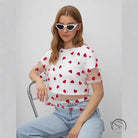 Elegant faux cotton short top with white mesh and red heart pattern