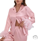 Elegant pajamas suit in pink satin ice silk with feathered cuffs