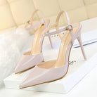 Langry pale pink patent leather slim fit strap high heel pumps with gold hardware in fashion ملابس