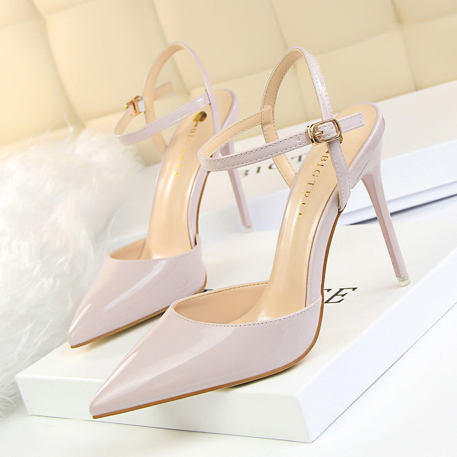 Langry pale pink patent leather slim fit strap high heel pumps with gold hardware in fashion ملابس