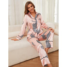 Pink satin pajama set with black leopard print, perfect women home clothes for autumn winter