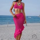 Hot pink three layer lotus beveled beach skirt set with crop top