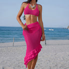 Hot pink crocheted two-piece Beach Three Layer Lotus Beveled Skirt Set for summer fashion