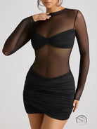 Black long sleeve mesh dress on display