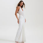 Elegant white satin halter neck fishtail gown with sheer waist panel in Langry fashion
