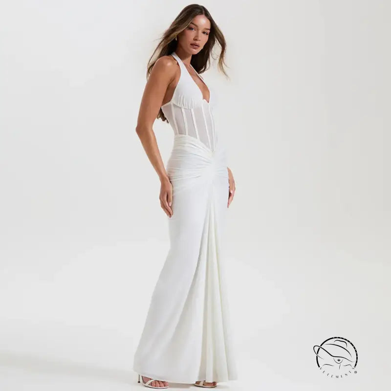 Elegant white satin halter neck fishtail gown in langry fashion