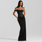 Enchanting strap lace dress: black satin off-shoulder gown with lace detailing