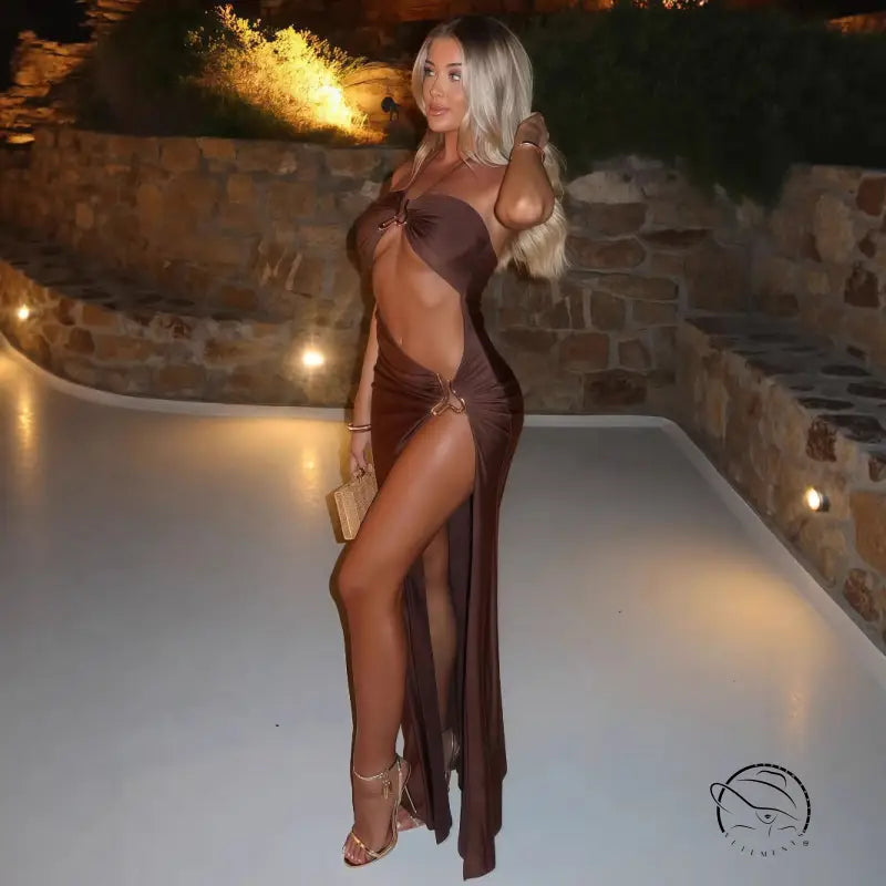 Elegant chocolate-brown satin cutout split dress by Langry