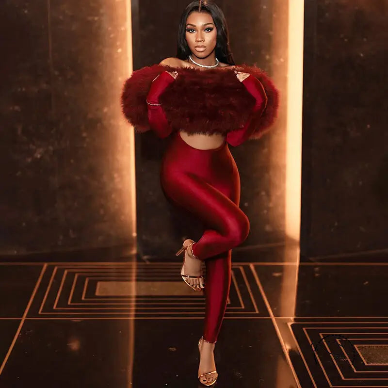 Red velvet off-shoulder long sleeve furry jumpsuit with high slit