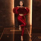 Red velvet off-shoulder long sleeve furry jumpsuit with high slit