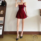 Burgundy strapless langry fashion mini dress with bowknot