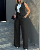 Elegant vest jacket wide leg pants set with black vest suit
