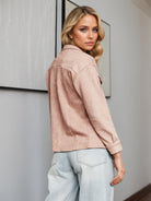 Blush pink suede Langry fashion jacket with rolled sleeves and button closure