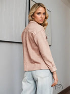 Blush pink suede langry fashion jacket with rolled sleeves and buttons