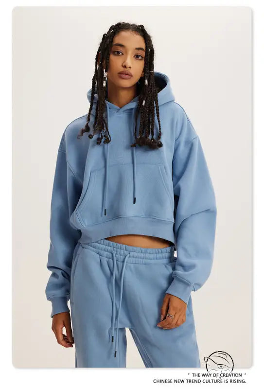 Langry light blue cropped hoodie sweatshirt with matching sweatpants, winter retro fashion