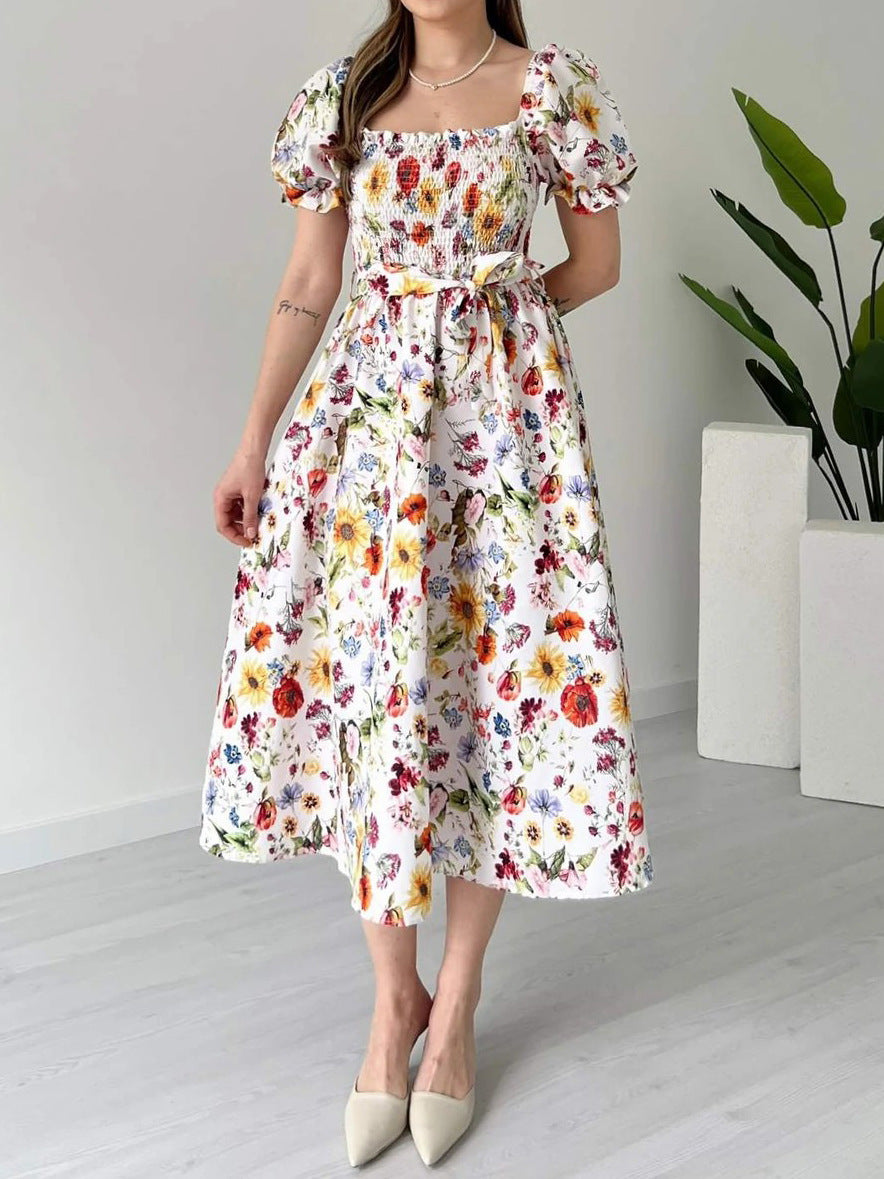 Casual puff sleeve floral A-line dress on white background